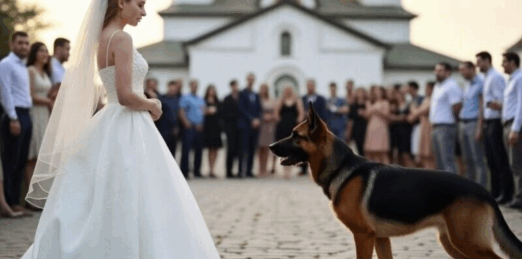At the wedding, the bride’s dog blocked the way