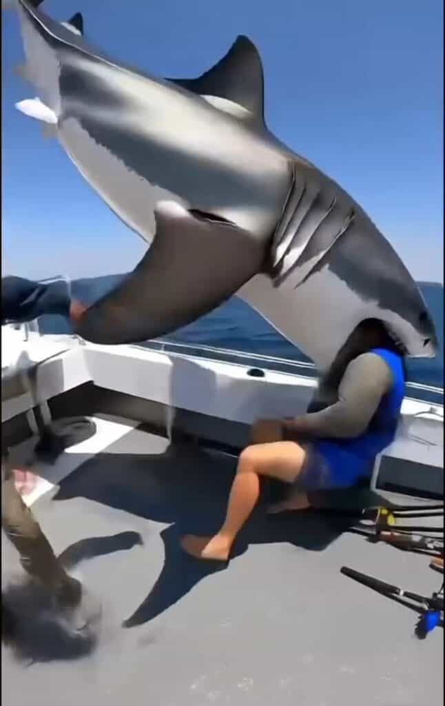 Shark on boat, humorous wildlife encounter, funny marine animal surprise, unexpected sea creature photo, Daily Life Dramas image.