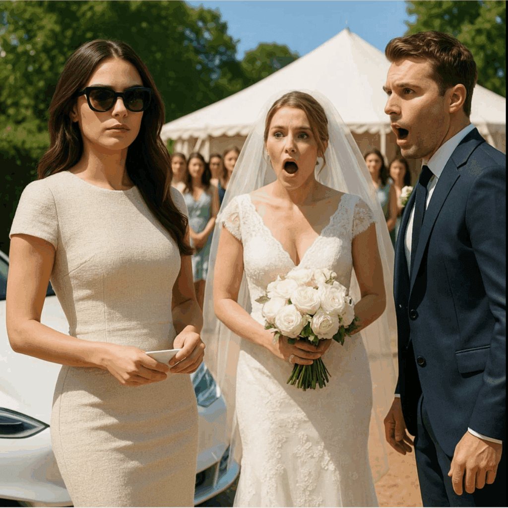 Unbelievable wedding drama with surprised bride and guest at outdoor ceremony.