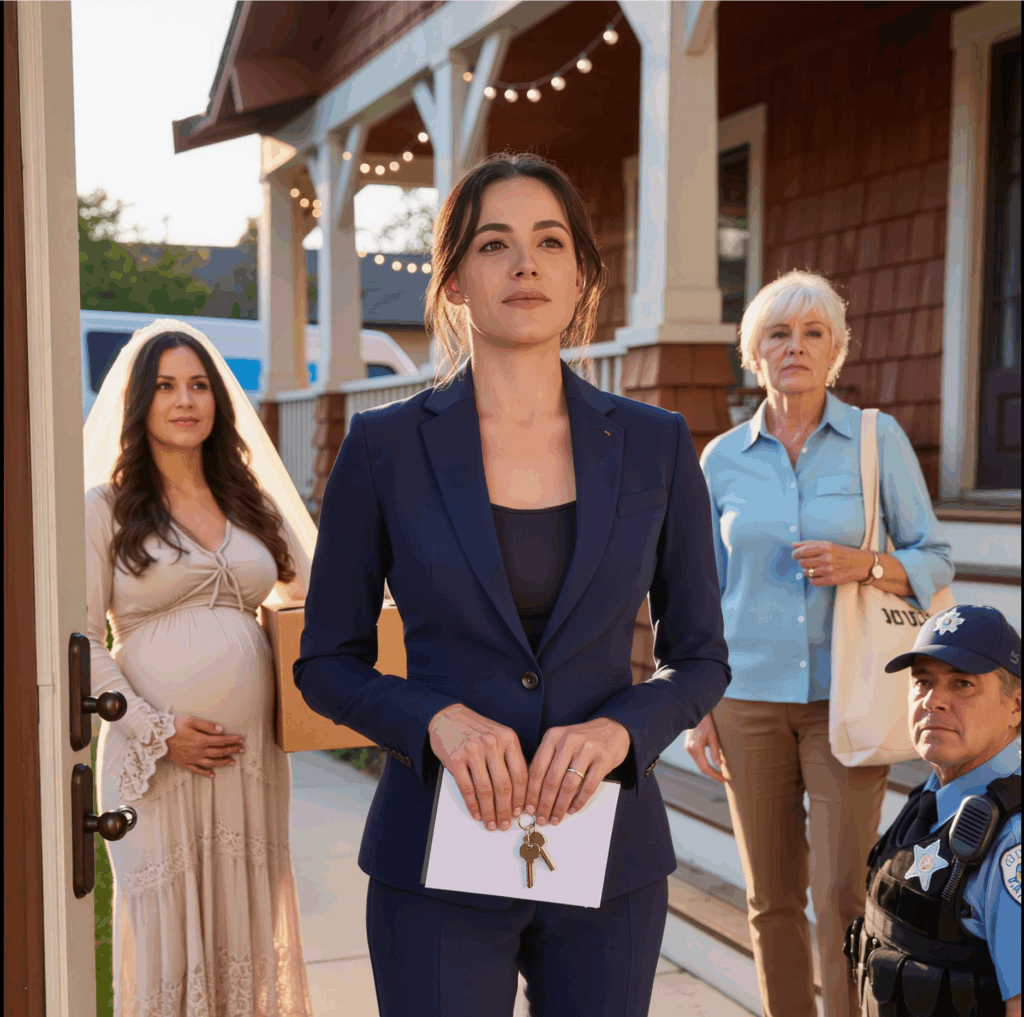 Woman in blue blazer holding keys outside house.
