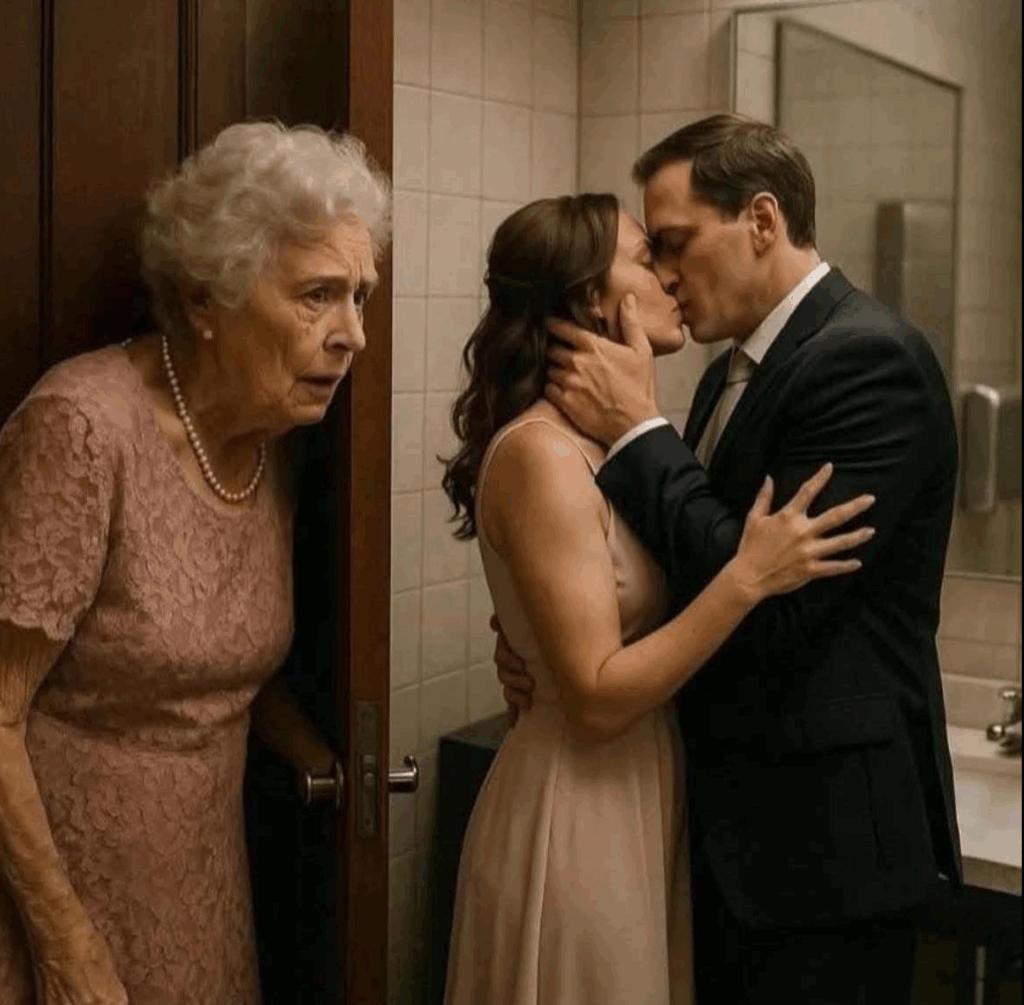 Romantic couple kissing with surprised elderly woman in bathroom, emotional scene, daily life dramas, love and family conflicts.